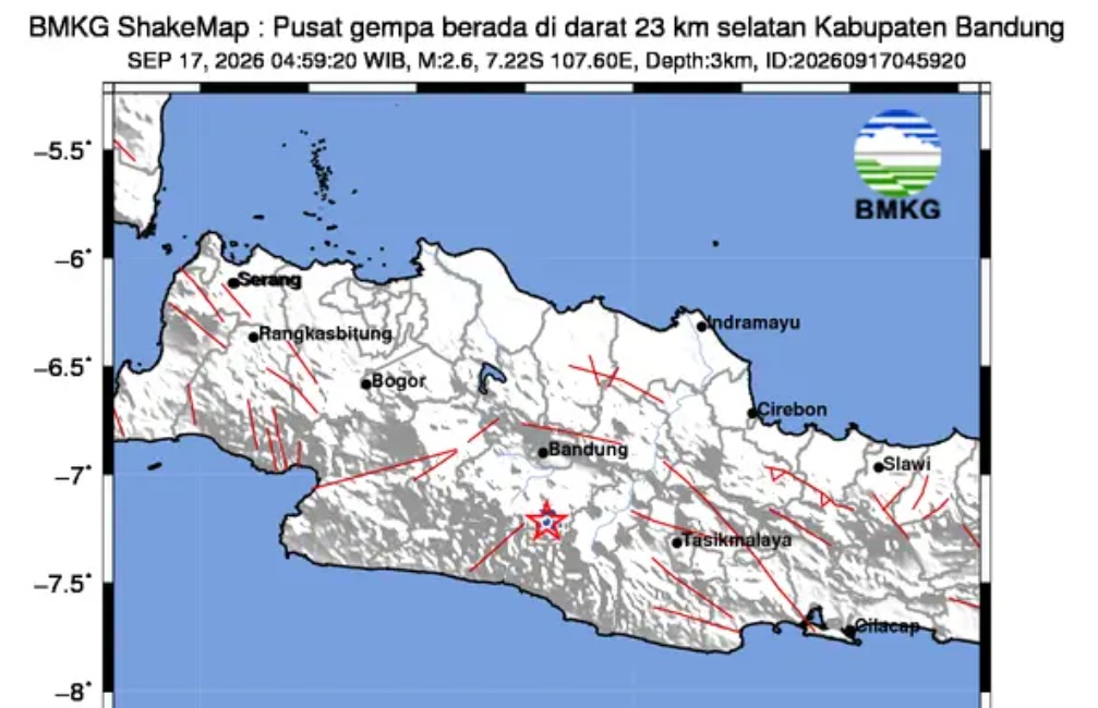 Gempa M 2,6 Guncang Selatan Kabupaten Bandung Jawa Barat