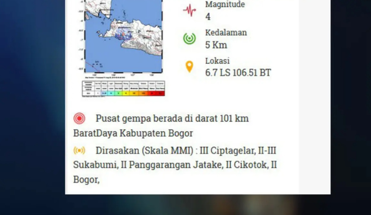 Gempa Bogor M 4,1 terjadi pada Kamis sore, 15 Oktober 2026. Simak lokasi pusat gempa, kedalaman, dan wilayah yang merasakan guncangan.