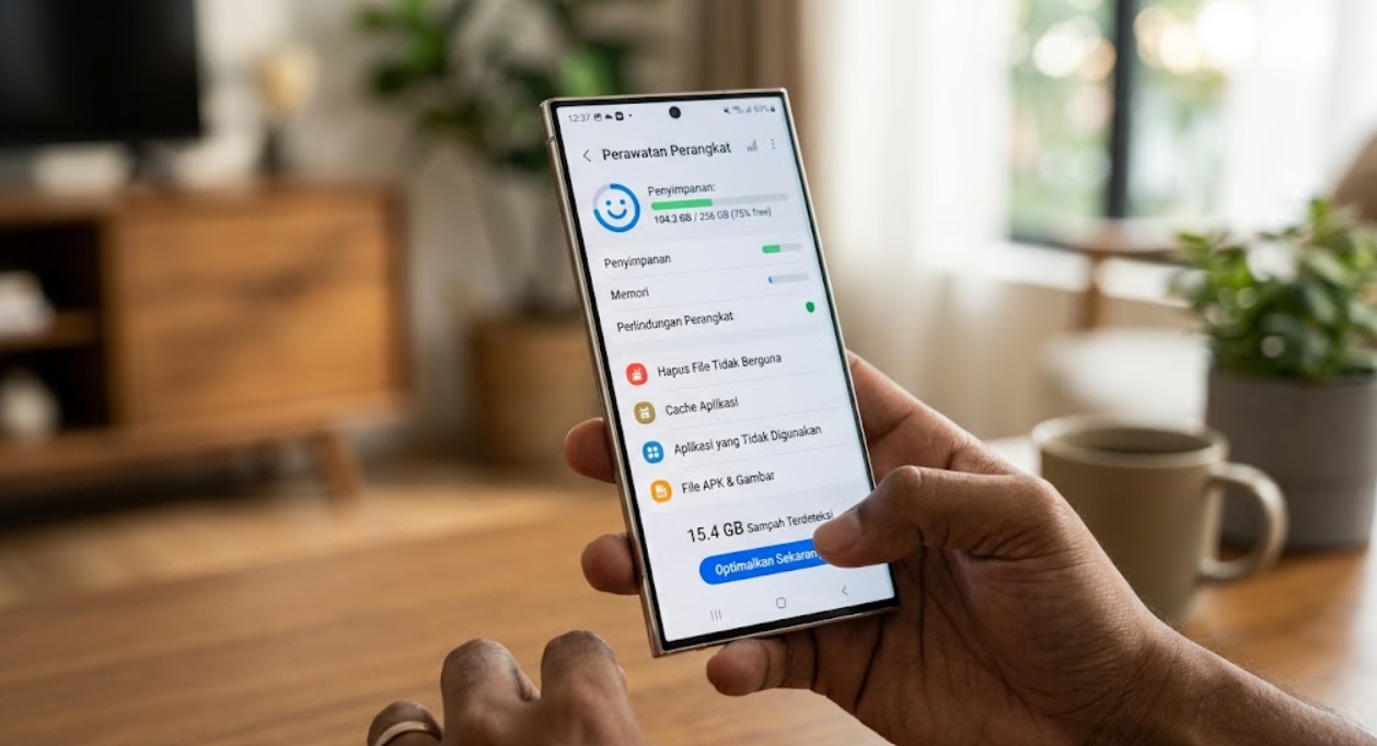 Cara menghapus sampah tersembunyi di HP Samsung melalui pengaturan, cache aplikasi, Perawatan Perangkat, dan file APK agar penyimpanan lebih lega.